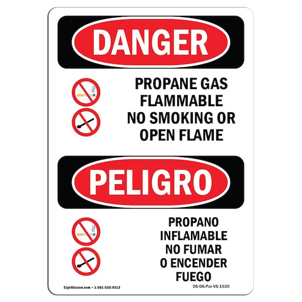 Safety Sign, OSHA Danger, 24" Height, Aluminum, Propane Gas Flammable No Smoking, Spanish